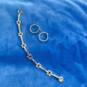 Silver bracelet and square edge open hoop earrings